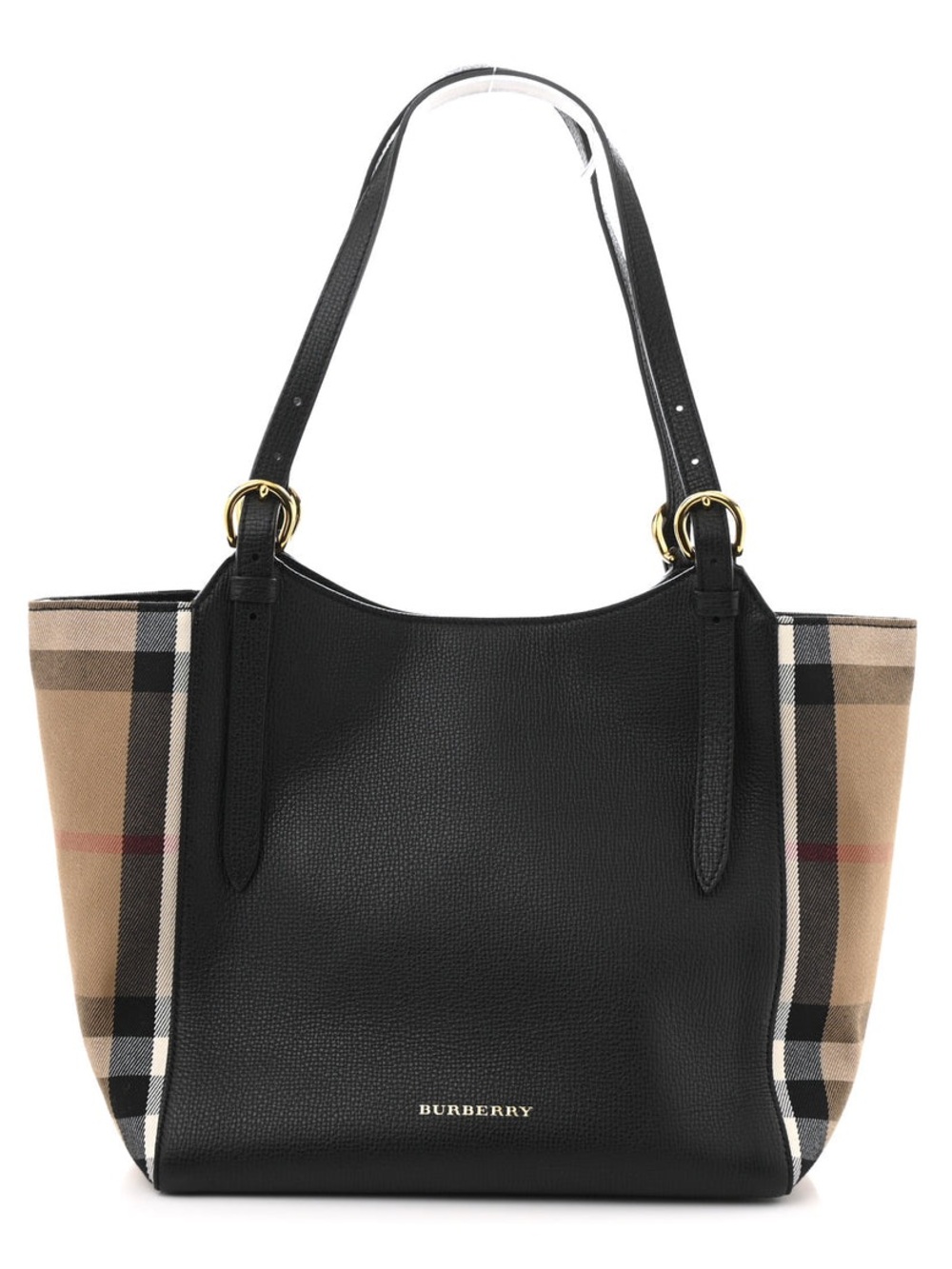 Burberry Black Leather Tote Bag with Beige Vintage Calfskin Check Panels